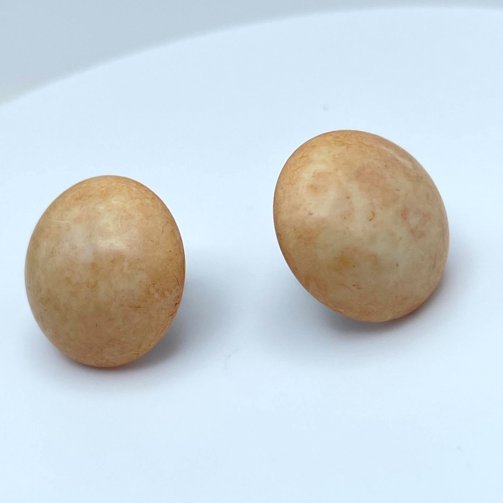 Vintage Circa 1980s Peach Spattered Classic Lucite Cabochon Button Stud Earrings